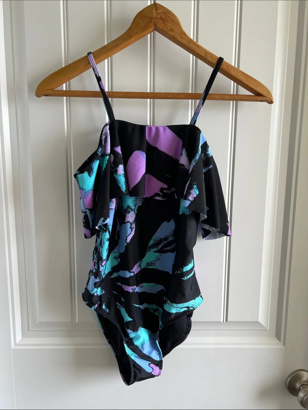 Girls Black One-Piece Swimsuit with Purple and Teal Print